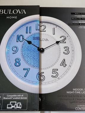 Bulova White Wall Clock with Blue Dial Accents